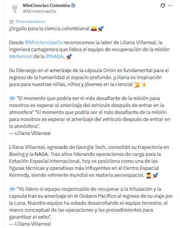 El Ministerio de Ciencias destacó a la ingeniera Liliana Villarreal, cartagenera, quien lideró el equipo de recuperación de la misión como directora de Aterrizaje y Recuperación del programa Artemis - crédito @MincienciasCo/X