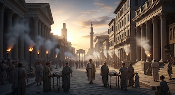 Calle amplia de ciudad romana con personas vestidas con túnicas, camillas, antorchas encendidas y edificios con columnas al atardecer.