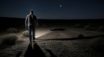 Un hombre camina por un terreno árido iluminado por una luz frontal. Un cuerpo yace en el suelo a lo lejos. La luna creciente se ve en el cielo nocturno.