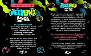 En el comunicado, Megaland confirma que para evitar conflictos con el desarrollo de la Liga BetPlay modificara su sede. De igual modo, por motivos logísticos su realización se adelanta al día 19 de noviembre, y no el 20 como se tenía pactado originalmente - crédito @megalive/Instagram