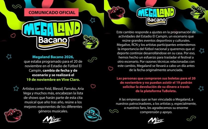 En el comunicado, Megaland confirma que, para evitar conflictos con el desarrollo de la Liga BetPlay, modificará su sede (@megalive/Instagram)