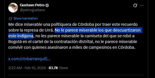 Esta fue la públiación de Gustavo Petro sobre el indigena y líder Kimy Pernía Domicó - crédito captura de pantalla / x