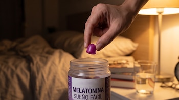 Una mano sostiene una gomita púrpura sobre un frasco transparente con la etiqueta Melatonina Sueño Fácil junto a una lámpara y un vaso de agua.