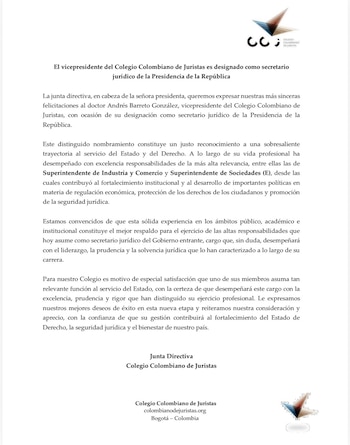 El Colegio Colombiano de Juristas celebró la designación de Andrés Barreto como secretario Jurídico de Presidencia - crédito @CCJuristas/X