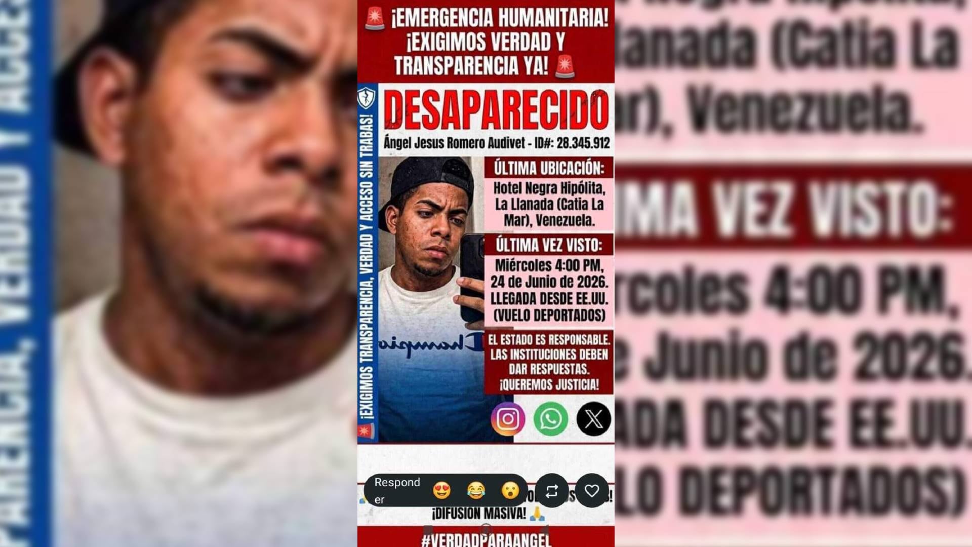 Un afiche digital solicita información sobre Ángel Jesus Romero Audivet, visto por última vez en Catia La Mar, Venezuela, tras su deportación de Estados Unidos (Instagram)