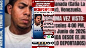Afiche digital de búsqueda con la foto de un hombre joven en un recuadro. Título 'DESAPARECIDO', nombre, ubicación, fecha y logos de redes sociales