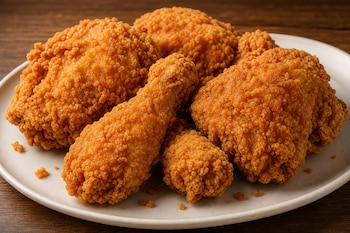 Piezas de pollo frito de cobertura dorada dispuestas en un plato blanco sobre una mesa de madera.