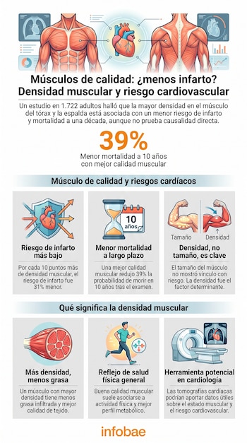 Infografía muestra anatomía muscular y cardíaca, escáner de tomografía, símbolos estadísticos, un atleta corriendo y el logo de Infobae con texto.