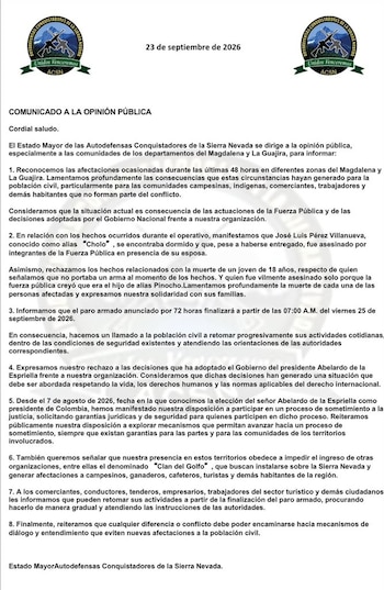 Las ACSN anunciaron la terminación del paro armado y se refirieron a las afectaciones registradas, los operativos de la Fuerza Pública y su disposición a un eventual sometimiento a la justicia. - crédito @ACSN_oficial/X