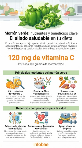 Ilustración digital que muestra varios morrones verdes, algunos enteros y uno cortado, sobre una superficie de cocina con otros vegetales al fondo.