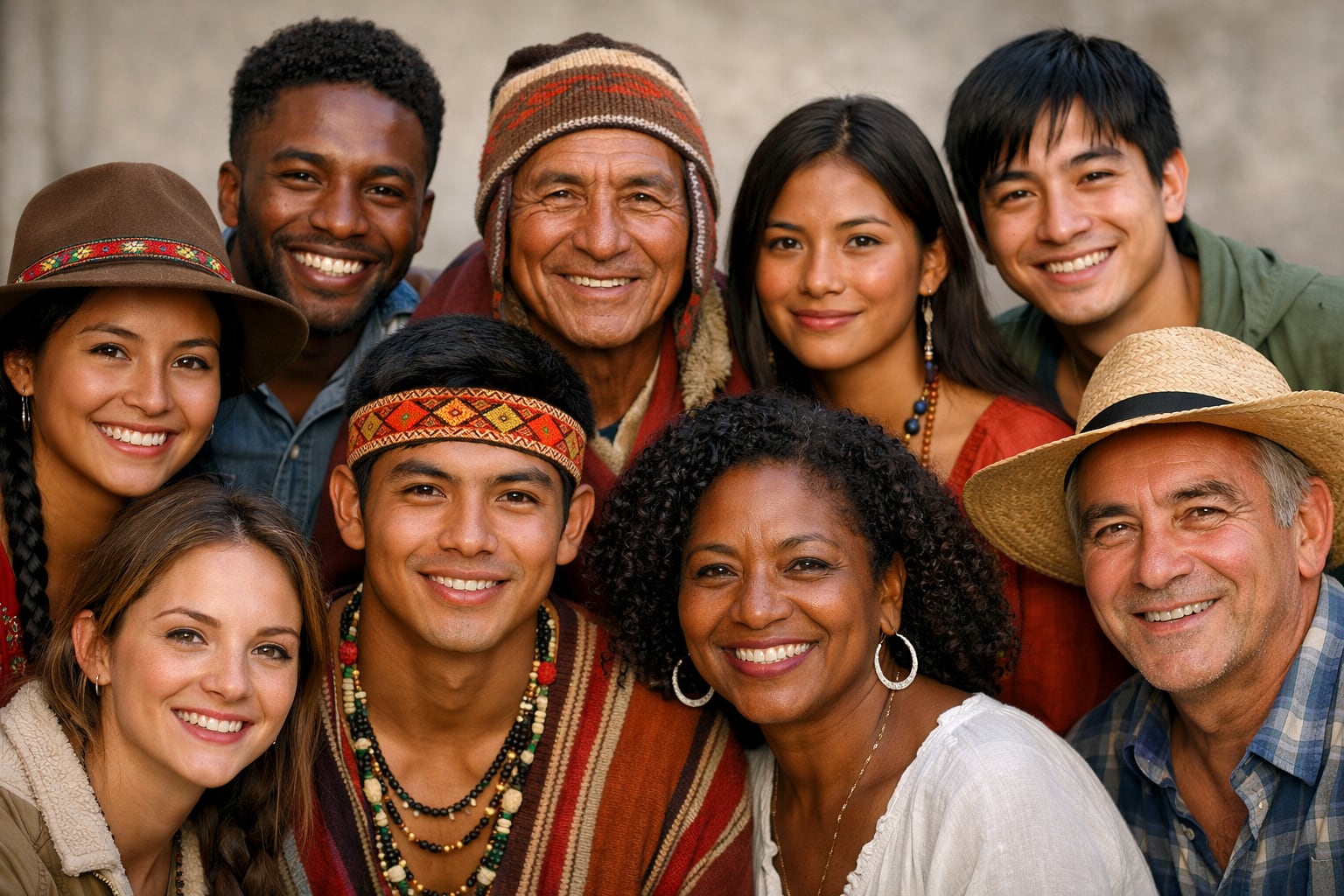 Un grupo diverso de peruanos, con rasgos indígenas andinos, amazónicos, afroperuanos, europeos y asiáticos, sonríe a la cámara, representando la rica multiculturalidad del país. (Imagen Ilustrativa Infobae)