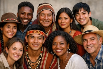 Primer plano de un grupo de nueve personas peruanas sonriendo a la cámara, mostrando diversos tonos de piel, peinados y atuendos tradicionales y modernos.
