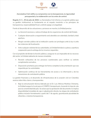 La Aerocivil aseguró que sus procesos están sujetos a revisión y que todos los servidores públicos deben responder ante la ley y los organismos de control - crédito Aerocivil