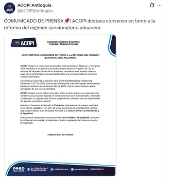 Acopi Antioquia pidió dar prioridad a la aprobación del nuevo Régimen Sancionatorio Aduanero - crédito @AcopiAntioquia