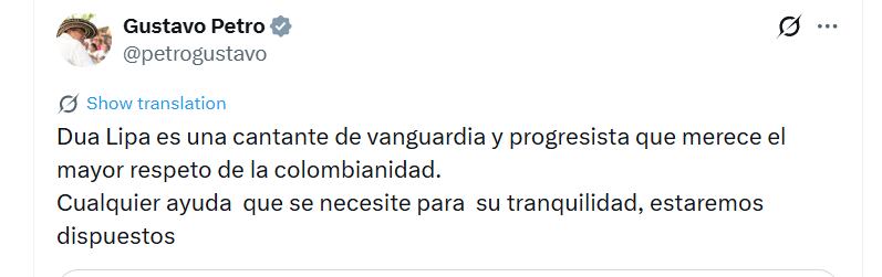 El presidente afirmó que la artista “merece el mayor respeto de la colombianidad” y ofreció apoyo para su tranquilidad - crédito @petrogustavo/X