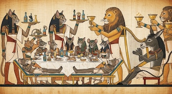 Una ilustración al estilo egipcio antiguo muestra gatos y leones sirviendo a ratones en un banquete, con un asno tocando un arpa en un papiro envejecido.