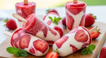 Primer plano de varias paletas congeladas de fresas con crema, algunas sobre una tabla de madera, decoradas con hojas de menta y fresas frescas.