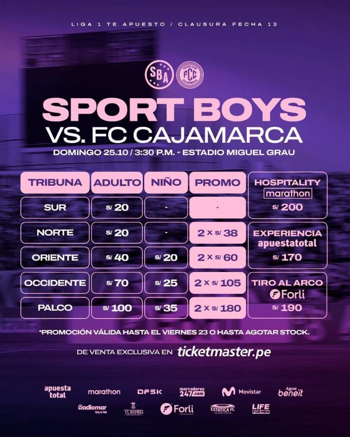 El Miguel Grau se prepara para recibir un nuevo encuentro de Sport Boys en el Clausura 2026. La institución chalaca lanzó una escala de precios que incluye populares, oriente y occidente, además de descuentos para compras dobles. (Sport Boys)