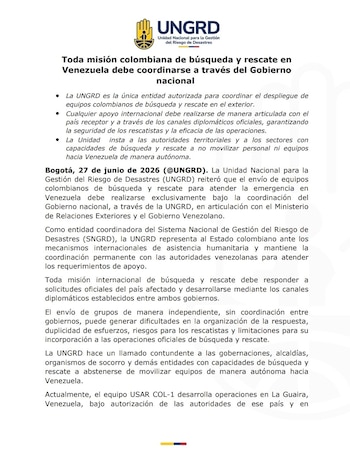 La Ungrd exhortó a equipos de rescate a canalizar el envío de misiones solo a través de la entidad - crédito Ungrd