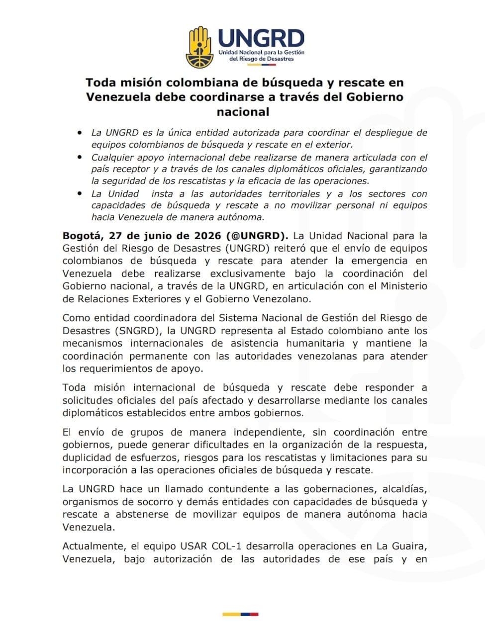 La Ungrd exhortó a equipos de rescate a canalizar el envío de misiones solo a través de la entidad - crédito Ungrd