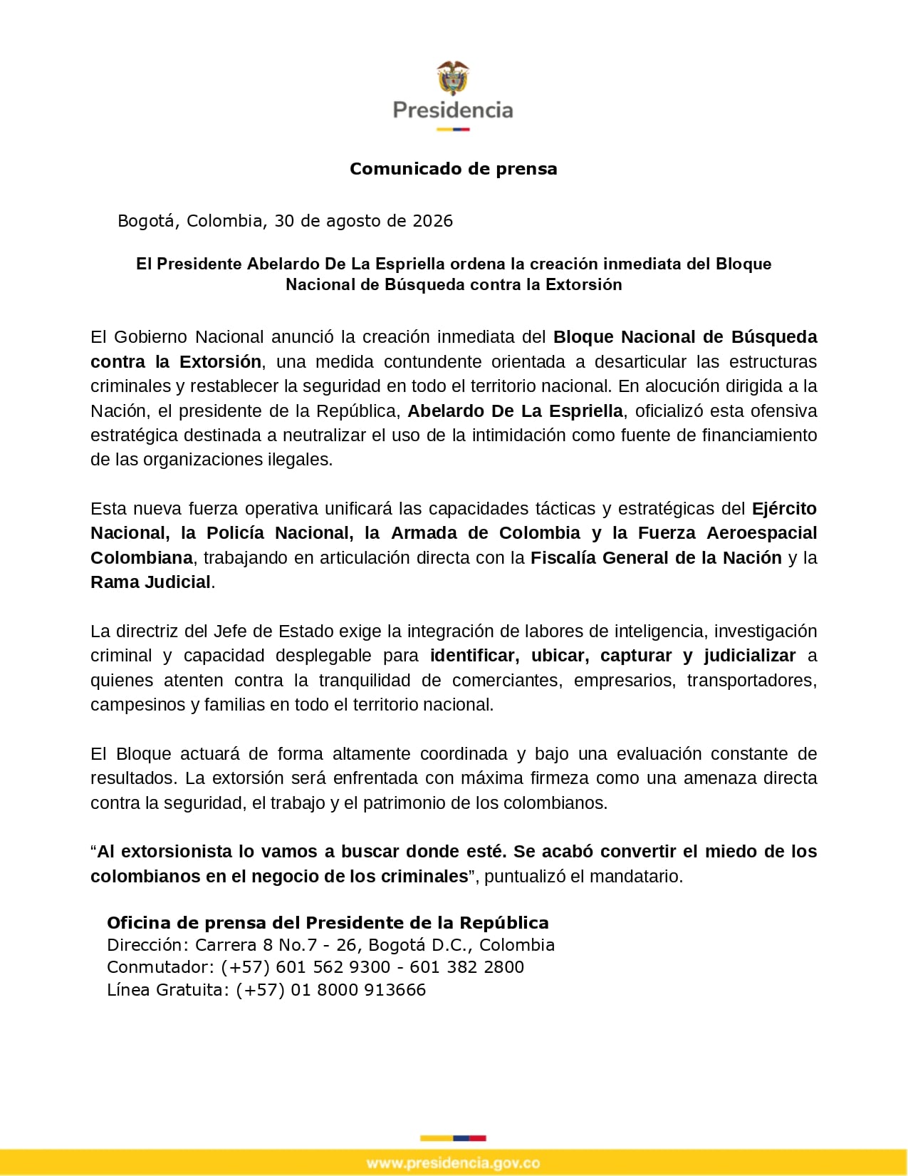 El Bloque Nacional de Búsqueda contra la Extorsión reunirá capacidades de las Fuerzas Militares, la Policía, la Fiscalía y la Rama Judicial- crédito Presidencia