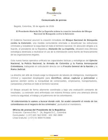 El Bloque Nacional de Búsqueda contra la Extorsión reunirá capacidades de las Fuerzas Militares, la Policía, la Fiscalía y la Rama Judicial- crédito Presidencia