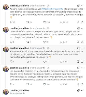 La docente gastronómica responsabilizó a los jurados de MasterChef por las quemaduras de Emiro Navarro - crédito @carojarasanta/ X
