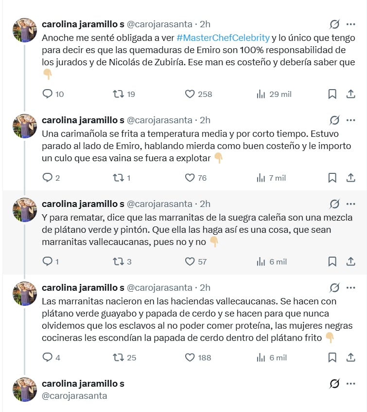 La docente gastronómica responsabilizó a los jurados de MasterChef por las quemaduras de Emiro Navarro - crédito @carojarasanta/ X