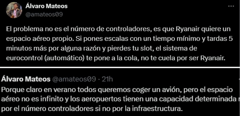 Tuits de Álvaro Mateos, controlador aéreo en el aeropuerto de Barcelona-El Prat. (Imagen: X)