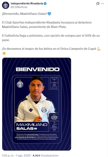 El atacante con pasado en Racing se sumará a la Lepra proveniente de River Plate en calidad de préstamo con una opción de compra