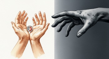 Dos manos abiertas sostienen una moneda. Una mano grande y oscura se cierne sobre ellas sin tocarlas. El fondo está dividido en blanco y gris oscuro.