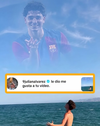 Montaje con un joven mirando al cielo, una captura de notificación de TikTok de Julián Álvarez y una imagen del futbolista en el aire