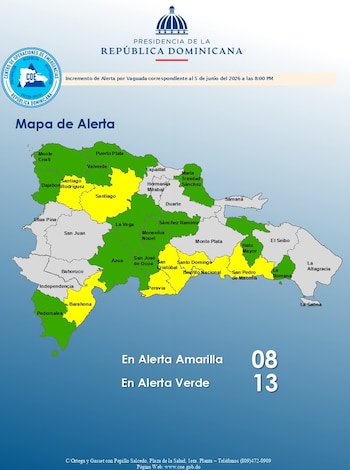 El COE colocó en alerta amarilla a ocho provincias y al Distrito Nacional por lluvias intensas y precipitaciones repentinas. (Cortesía: Centro de Operaciones de Emergencias)