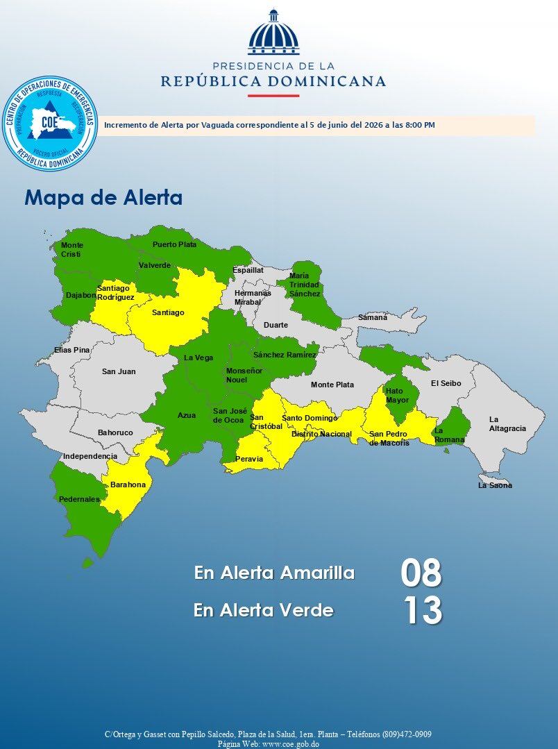 El COE colocó en alerta amarilla a ocho provincias y al Distrito Nacional por lluvias intensas y precipitaciones repentinas. (Cortesía: Centro de Operaciones de Emergencias)