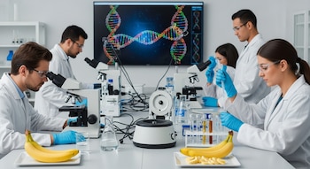 Seis científicos en batas y gafas protectoras trabajan en un laboratorio con microscopios, tubos de ensayo, bananas en platos y una pantalla con ADN.