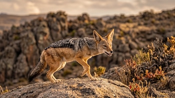 Un chacal con pelaje gris y dorado camina sobre una roca grande en un entorno rocoso y seco.