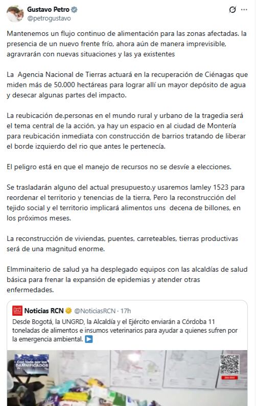 El jefe de Estado señaló que necesitan actuar rápido con el fin de evitar que la situación en el territorio empeore - crédito @petrogustavo/X
