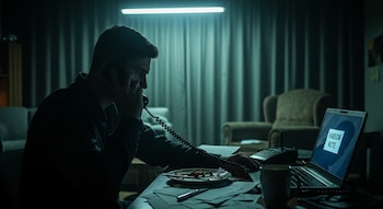 Un hombre sostiene un teléfono fijo con cable en una mano, mirando una computadora portátil que muestra las palabras 'RANSOM NOTE' en su pantalla.