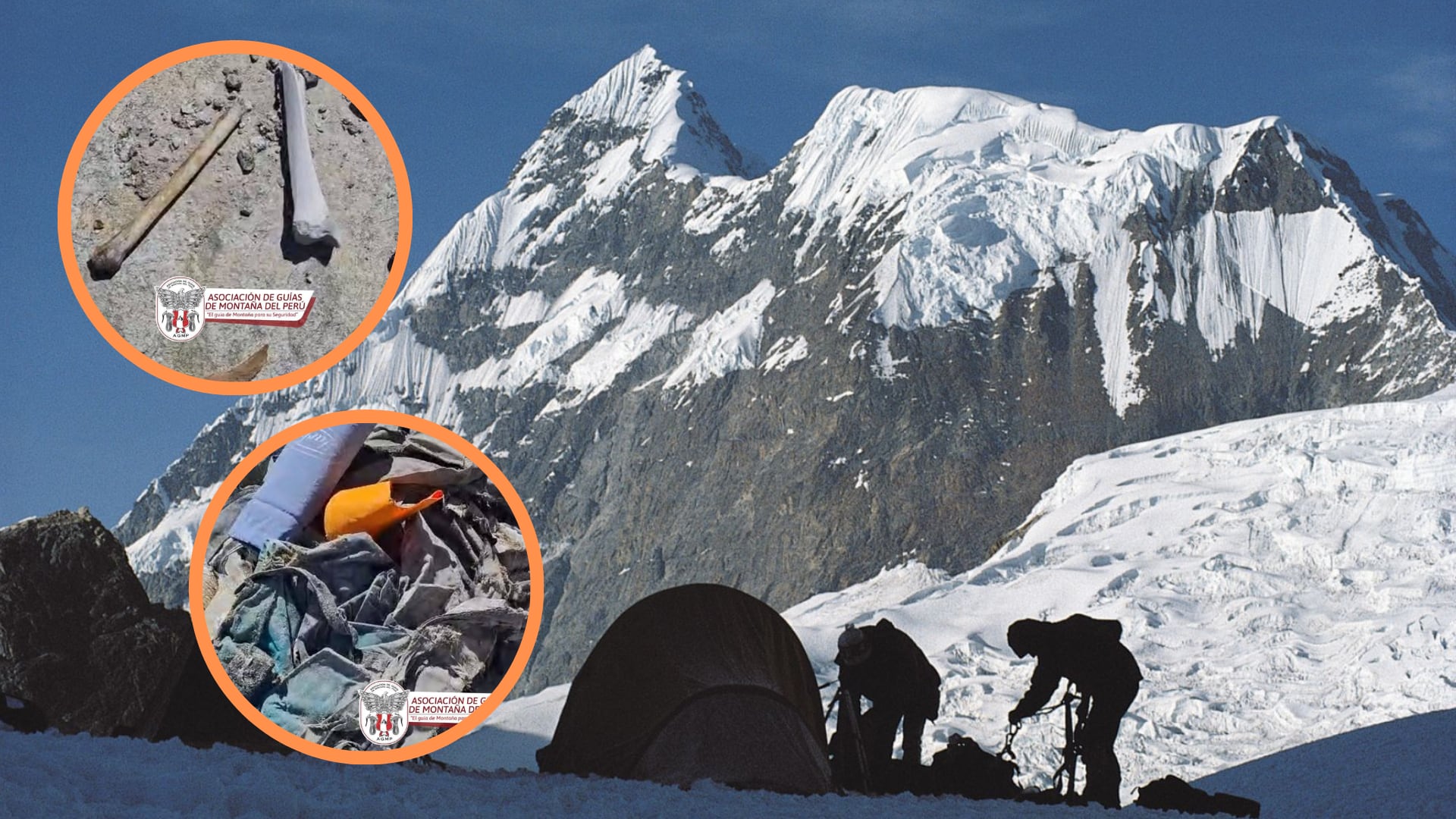 El jueves 10 de julio, la Asociación de Guías de Montaña del Perú confirmó el hallazgo de restos humanos en la base del Huascarán, a más de 5,000 msnm. Las identidades no han sido determinadas. (Composición: Infobae / Asociación de Guías de Montaña del Perú - Agmp/Ifmga )