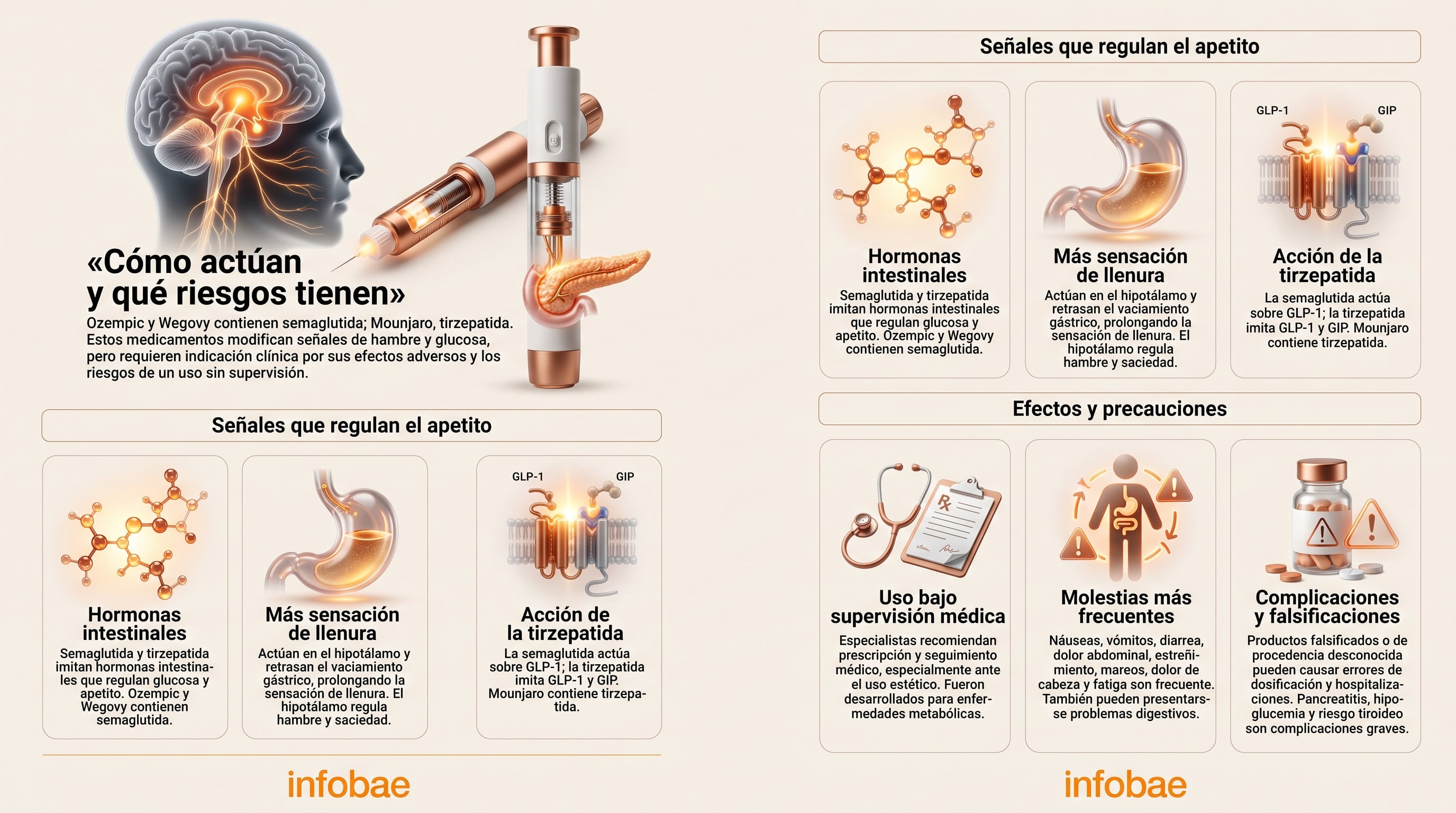 Una infografía de Infobae detalla el funcionamiento hormonal de la semaglutida y la tirzepatida en el organismo junto con los riesgos asociados a su consumo sin supervisión médica. (Imagen Ilustrativa Infobae)