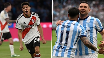 Composición de dos fotos con un jugador de River Plate que grita a la izquierda y dos jugadores de Racing Club que se abrazan a la derecha.