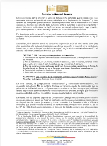 El Senado recordó que el numeral 3 del artículo 183 de la Carta Magna prevé la pérdida de investidura por no tomar posesión dentro del plazo, pero añade que esa causal no se aplica cuando medie fuerza mayor - crédito Suministrado infobae