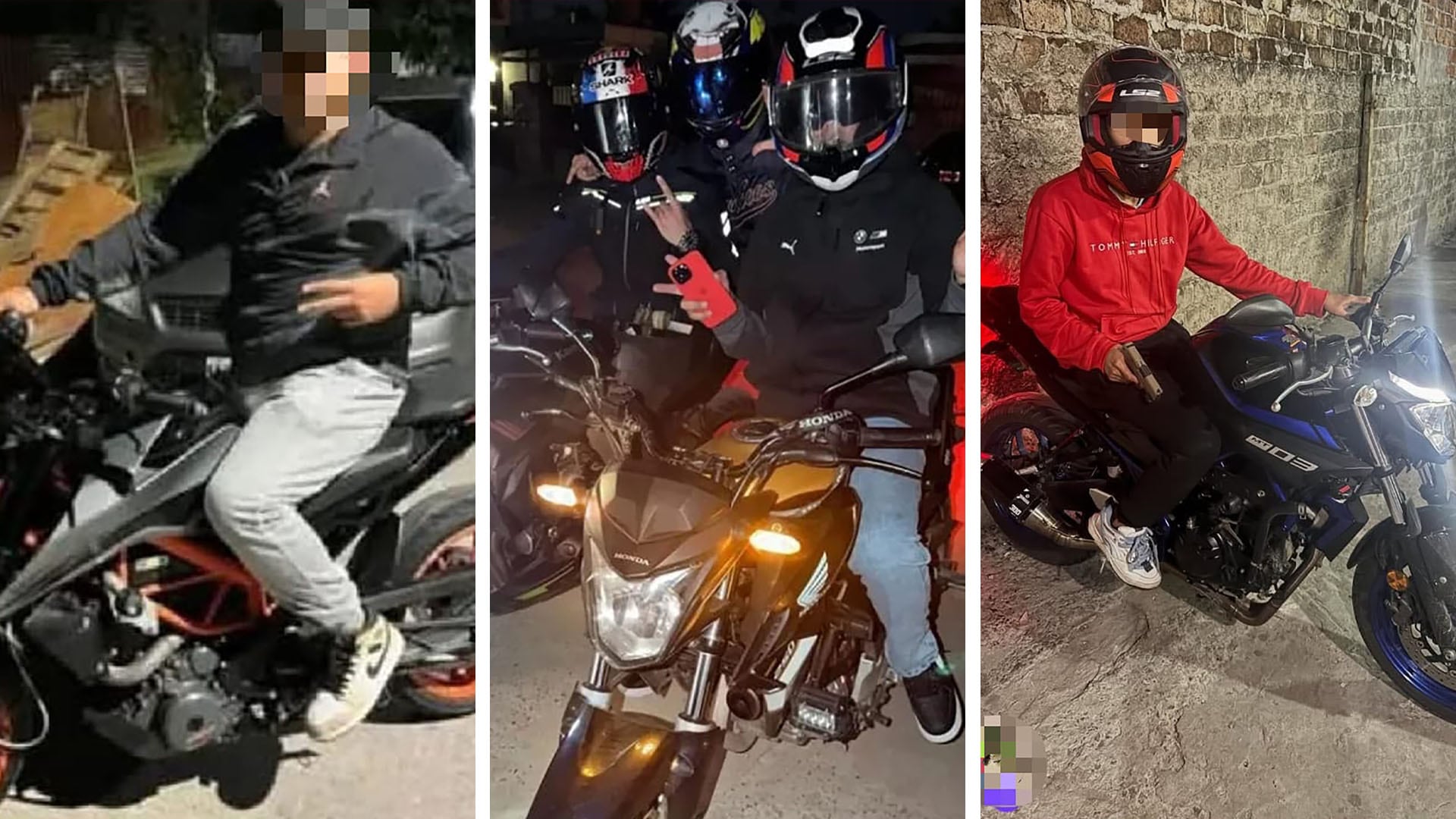Posteos de la banda de motochorros de La Matanza muestran a sus integrantes con motocicletas, cascos y un arma de fuego.