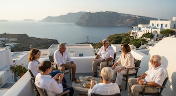 Seis personas sentadas en una terraza con vista al mar Egeo y casas blancas mediterráneas al atardecer, compartiendo una comida y conversando.