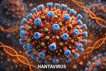 Ilustración digital de un Hantavirus con una superficie irregular de tonos rojos y marrones, y espículas azules y verdes. Hay cadenas de ADN borrosas en el fondo.