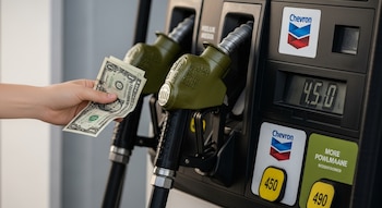 Mano de piel clara sosteniendo billetes de dólar arrugados frente a un surtidor de gasolina Chevron verde oliva y negro, con un precio digital de 4.50.