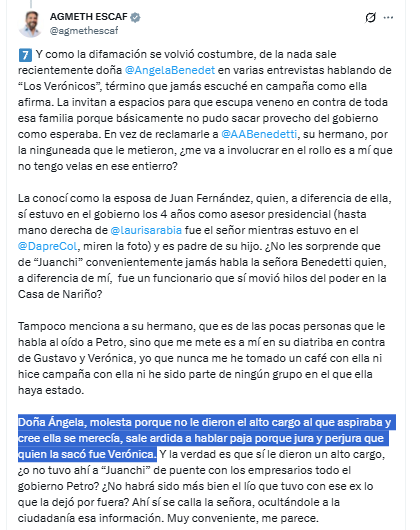 Con esta publicación en la red social X, el senador Agmeth Escaf lanzó sus dardos a Ángela Benedetti y recordó su relación con el periodista y exasesor del Gobierno Juan Fernández - crédito @agmethescaf/X