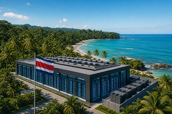 Instalación de servidores con cristales iluminados y una bandera de Costa Rica ante una playa de mar turquesa y palmeras.