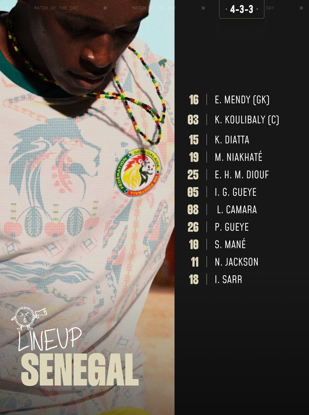 La selección de fútbol de Senegal presenta su alineación confirmada con una formación 4-3-3 para sus próximos partidos del Mundial FIFA 2026, incluyendo a jugadores como Sadio Mané y Kalidou Koulibaly. (X / @WrldSoccerShop)