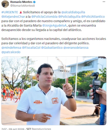 Romario Montes exigió acelerar la búsqueda del excandidato desaparecido - crédito @RomarioMontes8/X